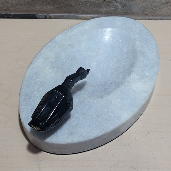Decorative Marble Soap Dish Jewelry Holder Black Metal Bird Figure - Picture 12 of 12